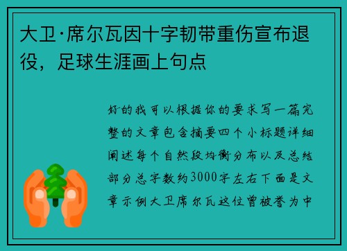 大卫·席尔瓦因十字韧带重伤宣布退役，足球生涯画上句点